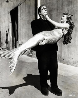 gravesandghouls:   Ann Blyth in costume for Mr. Peabody and the Mermaid and Glenn Strange in costume for Abbott &amp; Costello Meet Frankenstein, 1948  