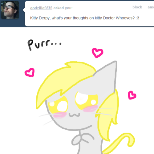 ask-my-little-kitties:  She may act like a dog, but there is a word she can think of to describe Doctor Whooves Kitty: Me-wow (Gets shot for quoting Puss In Boots) I’m sorry! I love this ship too much! If it sinks, I’ll be going down with it!  Adorable