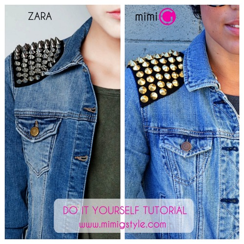 DIY Zara Knockoff Studded Denim Jacket Tutorial from Mimi G. here. Left Photo: $99 Zara Studded Deni