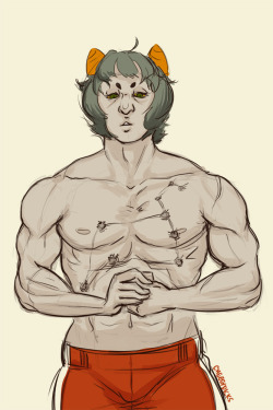 cheesydicks-blog:   :33 &lt; got a problem with my ships? Okay that’s it, I’m all muscled out. Hokuto no Ken ref with the Leo constellation on her chest. Boy-top Nepeta is definitely worth 10 Nepetas in the 50 Nepeta Challenge therefore I’m up to