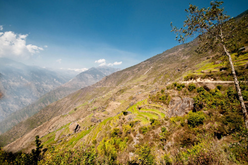 Yes, that tiny white line along the side of the hill is the road to Dhunche. Rasuwa, Nepal. Photogra