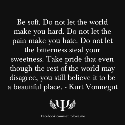 psych-facts:  Be soft. Do not let the world make you hard. Do not let the pain make you hate. Do not let the bitterness steal your sweetness. Take pride that even though the rest of the world may disagree, you still believe it to be a beautiful place.