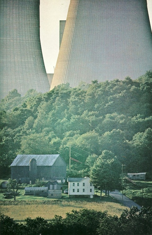 vintagenatgeographic: A farm shrinks below cooling towers of the Homer City power generating station