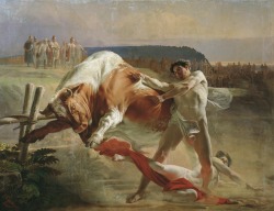 thisblueboy:  Evgraf Semenovich Sorokin (Russian, 1821-1892), Ivan Usmovets Stopping an Angry Bull, 1849 