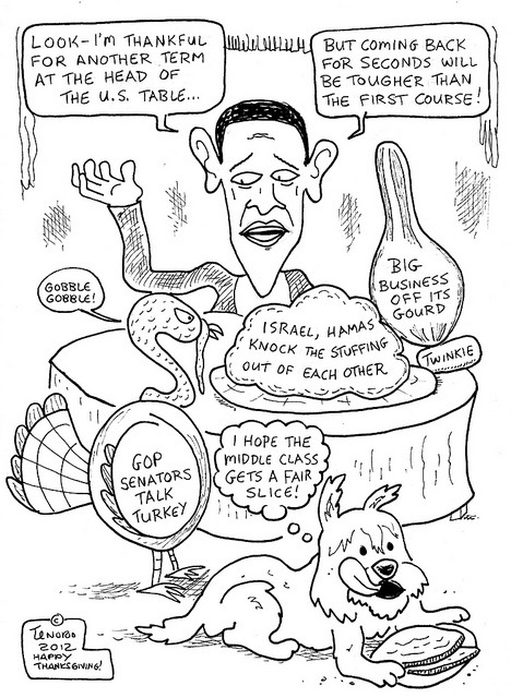Thanksgiving 2012 Cartoon on Flickr.
President Obama and a middle-class Westie share a Thanksgiving dinner in a Turkey Day episode of “Capitol Hill Canine”!