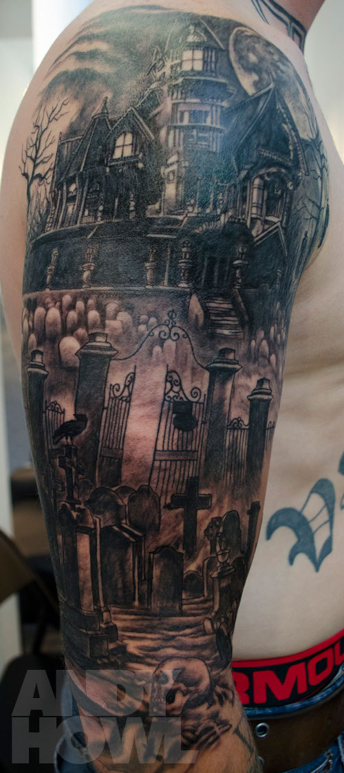 Haunted house & graveyard half sleeve by Andy Howl, HOWL Gallery/Tattoo, Fort Myers, FL.
More pics of this tattoo at www.andyhowl.com