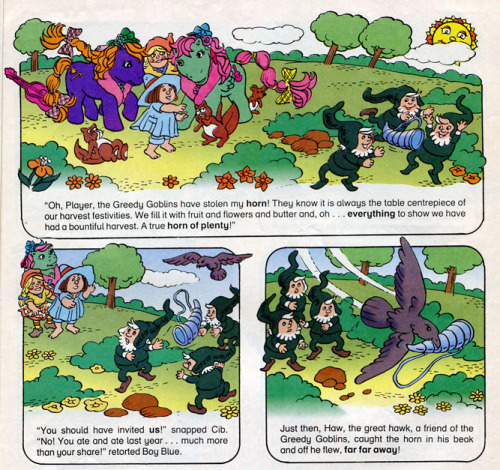 heckyeahponyscans:Player and the Horn of Plenty Source: My Little Pony comic #163 (G1) Comments: I w