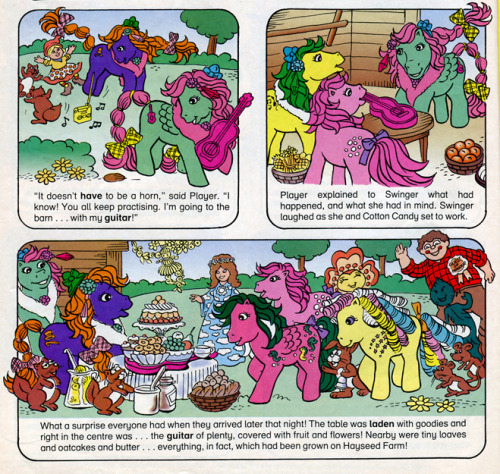 heckyeahponyscans:Player and the Horn of Plenty Source: My Little Pony comic #163 (G1) Comments: I w