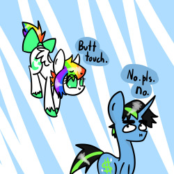 ask-moondust:  Something for you cause you’re awesome! :D Moondust: What’s that? Yes? You want butt touches? Ok then. ((Asdfghjkll. No you’re awesome ;u; CCs expression really cracked me up, and butt touch jokes are always relevant to these two