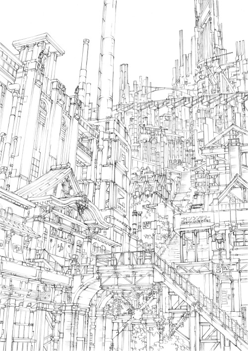  大銭湯と百の階段の街　線画                                                 