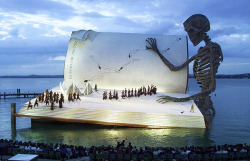 fuckyeahbooks:    Aida on the floating ‘book’ stage on Lake Constance in Bregenz, Austria. This festival has become renowned for its unconventional staging of shows. Verdi’ s opera “A Masked Ball” in 1999 featured a giant book being read by