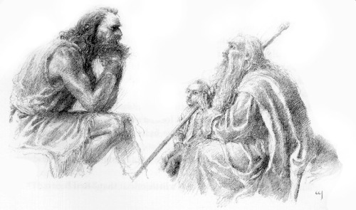 Beorn, Gandalf and Bilbo by Alan Lee