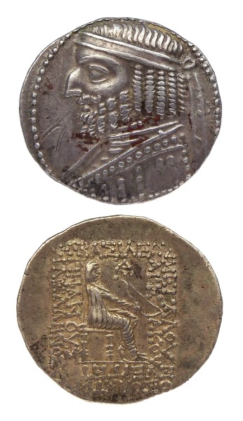 sadighgallery:Parthian. Silver tetradrachm of Phraates IV. Obverse with a bearded portrait, reverse 