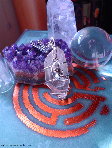 natural-magics:  Spiral Moon Quartz Necklace, available on my Etsy here :) clear quartz is known as the “master healer,” and is excellent for healing, balancing and calming. it amplifies the energies and effects of other crystals and stones. all purchases