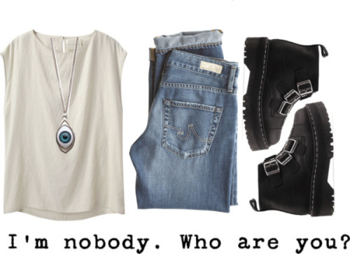 lushmilk:   I’m nobody. Who are you? van emmakrone met strap shoes Sleeveless top / AG Adriano Goldschmied ripped jeans / Strap shoes / Pendant jewelry, ฝ   