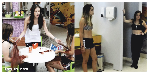 team-malhacao:  Maldade! Ju joga açaí em Lia e Fatinha, que ficam totalmente ensopadas: Ela ainda esconde as roupas das adversárias para que elas não se troquem