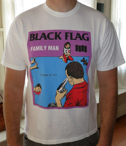 Day: 501
Shirt: Black Flag - Family Man
Color: White
Brand: Hanes
Source: I have been waiting almost a year to wear this shirt. I Mean how often do you get to rock a family man shirt near the 30th anniversary of this gun on the cover killing his...