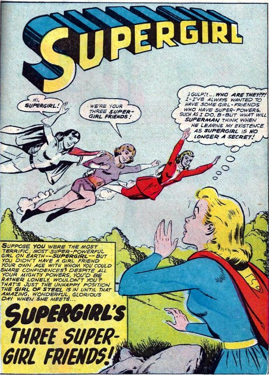 The original Super Best Friends Forever.
Saturn Girl has on the lead mask so Supergirl won’t recognize her, assuming she ignores the Saturn Girl costume.