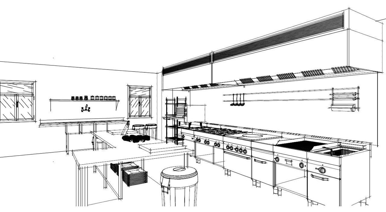 Kitchen Perspectives - Detail of a commercial kitchen, sketched in...