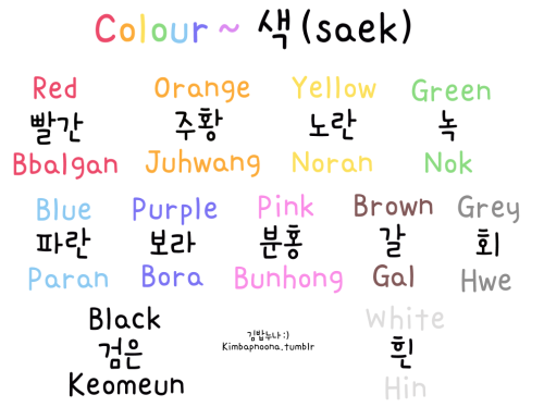 okay so just a couple of things :): 색/saek comes after each colour e.g 빨간색/bbalgansaek, 파란색/paransae
