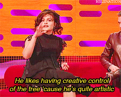 helenation:  Helena Bonham Carter on Tim Burton decorating the Christmas tree   I think she’s confusing the “zombies and dead babies” with claymation versions of herself and Johnny Depp.