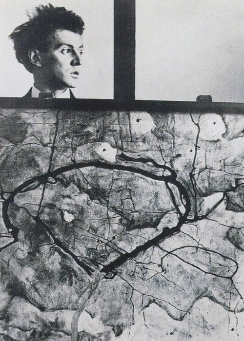 ringsofslattern:efedra: Egon Schiele behind the painting “Autumn Tree in Stirred Air (Winter Tree)”,