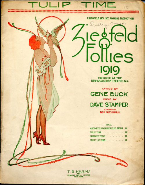 Sheet music cover. Tulip Time. Ziegfield Follies. T.B. Harmes, NY, 1919.Follies held at the New Amst