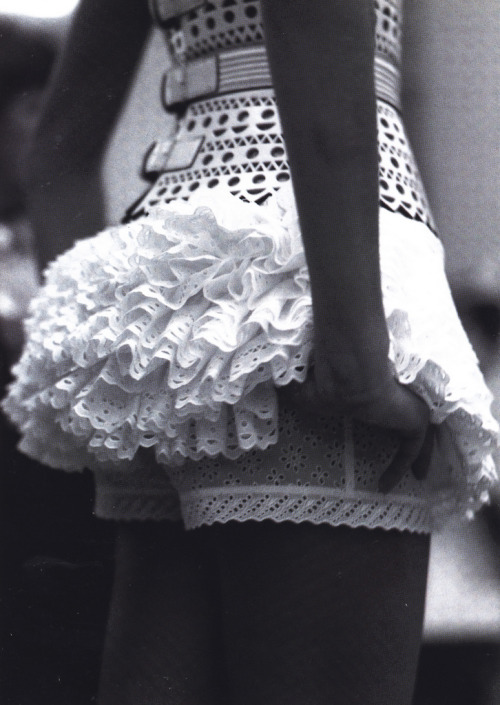 suicideblonde: Under a corset-style belt with three buckles a petticoat in broderie anglaise by Sain