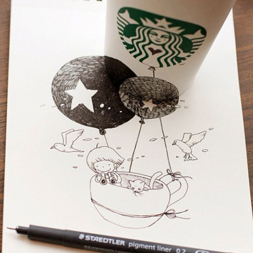 cutiecowba:  coffee-tea-and-sympathy:  Starbucks Cups Become 3D DrawingsTomoko Shintani from Japan, starts her doodles on a piece of paper and continues them onto the cups, which gives a bit of a 3D feeling to it. Her cartoons feature a girl, usually