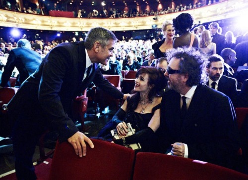 suicideblonde:  George Clooney, Helena Bonham Carter and Tim Burton at the 2012 BAFTA Awards