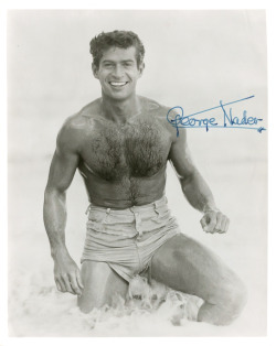 jumbledplanet:  Beefcake photo of actor George Nader, who may be best remembered by some for his role in the low budget sci-fi movie, Robot Monster (1953).  When he died in 2001 at age 81 he was survived by his partner of 55 years, Mark Miller. Trivia