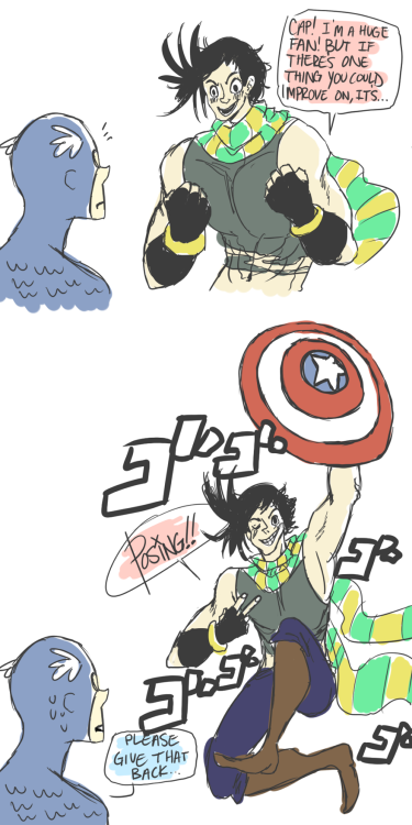 During his travels post-Battle Tendency, Joseph Joestar gives Captain America some invaluable advice during World War 2. Done by an anonymous DrawFriend.
