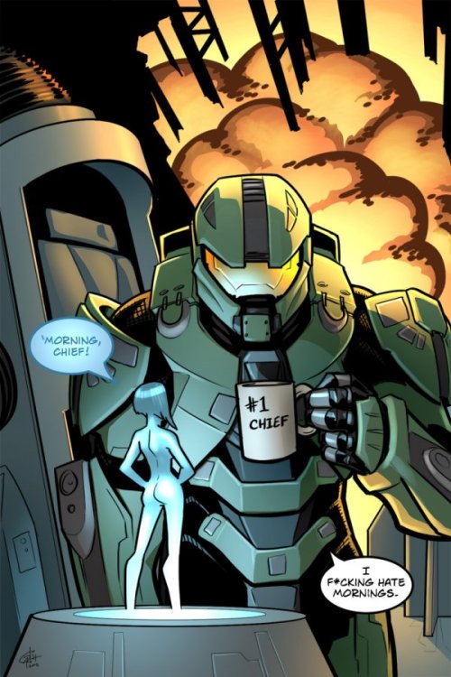 dorkly:  Morning, Chief! Don’t talk to or try to kill Master Chief until he’s had his coffee.  This reminds me of that dumb McDonald’s commercial with the douchebag going around “not until I had my coffee” Bitch, fuck you AND your