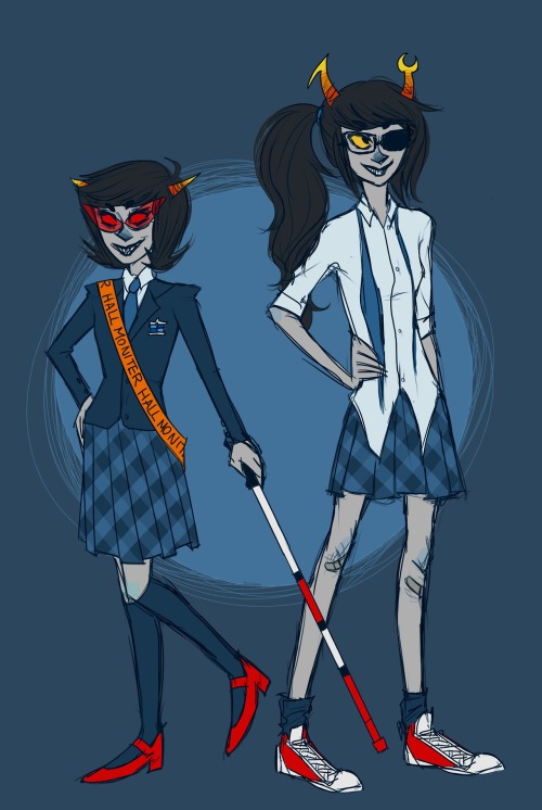 prettyflyforaredspy:  the scourge sisters in school uniforms!! terezi is super anal about hers and v