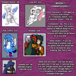 Okay I wanna get some extra money for Christmas shoppin and such so COMMISSIONS ARE OPEN!! Refer to the image for examples and prices, but general prices are as follows: Icons:Ű Sketch: Ű Lineart: ผ Flat colors: ฟ Shaded: ฤ Contact me on DA/FA