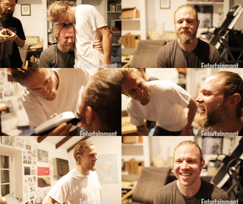 godtricksterloki:  brilliantinemortality: ‘Sons of Anarchy’ stars Charlie Hunnam and Mark Boone Jr. help Ryan Hurst say goodbye to his character, Opie Winston, by cutting his beard off and crying like gents. Read the article and watch the video here.