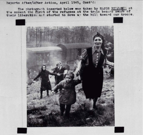 Jewish prisoners at the moment of their liberation from an internment camp near the Elbe in 1945.