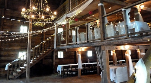 Swedish Barn Wedding Venue: A multi story barn wedding, decorated with white fabric, string lights a