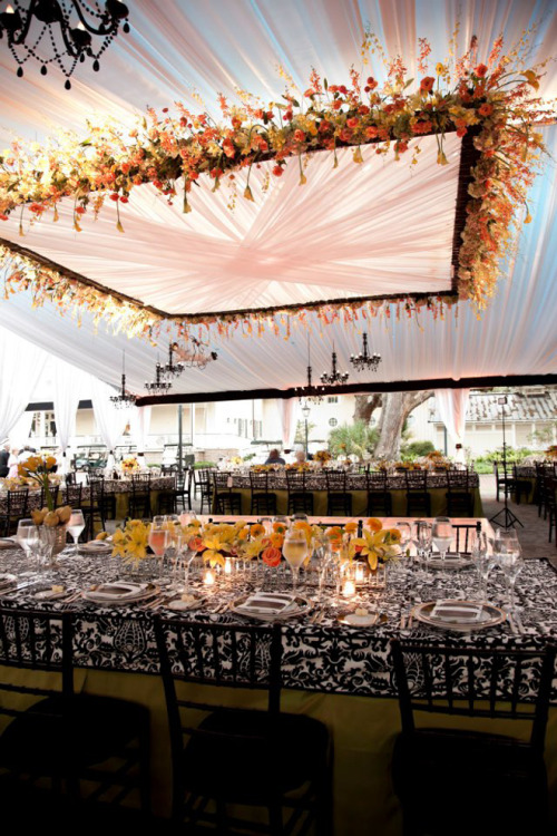 Stunning Tent Wedding: With hanging chandeliers and a floral ceiling centerpiece 