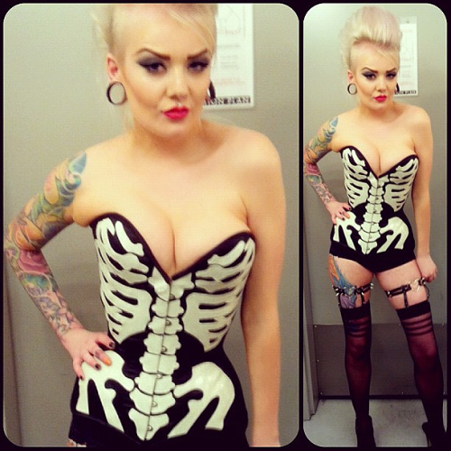 Leah Lee in a black and white glitter vinyl rib cage corset. Corset available in all sorts of vinyl 