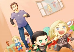 captainofthedorks:  Does anyone notice Human Torch and Spiderman in the background? … they are probably laughing at Tony. good luck tony, you will need it… OMG! Little Bruce is just too cute! D’AAAWWWWWWWWW &lt;3  THIS IS SO CUTE I JUST STARTED