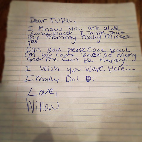 fyeahblackhippy:  Willow Smith is wise beyond her years. The 11-year-old singer has shared a letter that she wrote to Tupac Shakur years ago. In the handwritten note, she asks the late hip-hop icon to come back because her mother Jada Pinkett-Smith misses