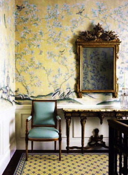 thefoodogatemyhomework:  Sunny and elegant Griffin &amp; Wong yellow hand painted Chinoiserie paper. Turquoise upholstered Louis XIV chair in situ is just perfect.  