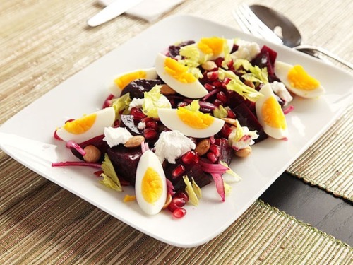 prettybalanced:  Roasted Beet Salad with Goat Cheese, Eggs, Pomegranate, and Marcona Almond Vinaigrette