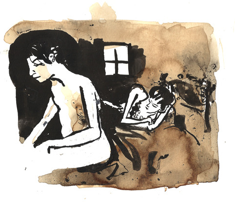 my-bed-the-earth:  derekvangieson:  This an uncropped panel from my second story “The Marriage Tree” (yes, named after the Throwing Muses Song) published by Fantagraphics in Mome 13. The story was done in pen and ink and coffee. Nate Neal likes to