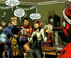 therealdeliaknows:  That time Captain America, Iron Man, and Wolverine were hitting on Mary Jane at a Christmas party. 