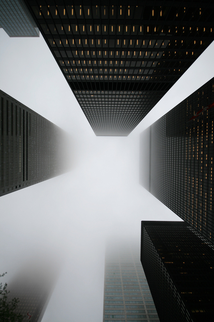 creaturesgold:  Bank Towers in the Fog and Rain, Toronto (by Tony Lea) 