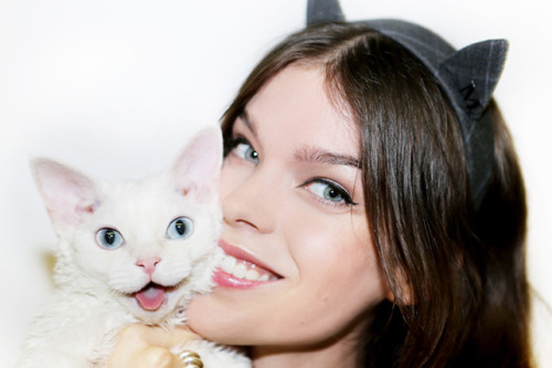 “Eyes That Say ‘Meow’ "  Meghan Collison with kitty Penelope for Into The Gloss