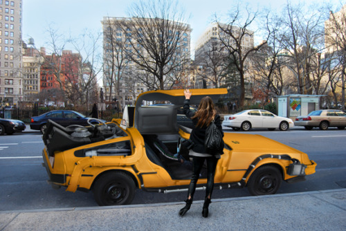 inspirezme:  Nooka, a New-York fashion brand has created an advertising campaign transforming the famous New York yellow cabs into a back to the future deloeran taxi. Designed by Michael J Lubrano 