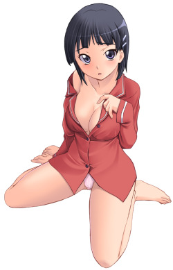 shy-azusa:  1girl barefoot black hair blush breasts cleavage hair ornament hairclip hozumi takashi kirigaya suguha no bra no pants off shoulder pajamas panties purple eyes short hair sitting solo sword art online underwear wariza